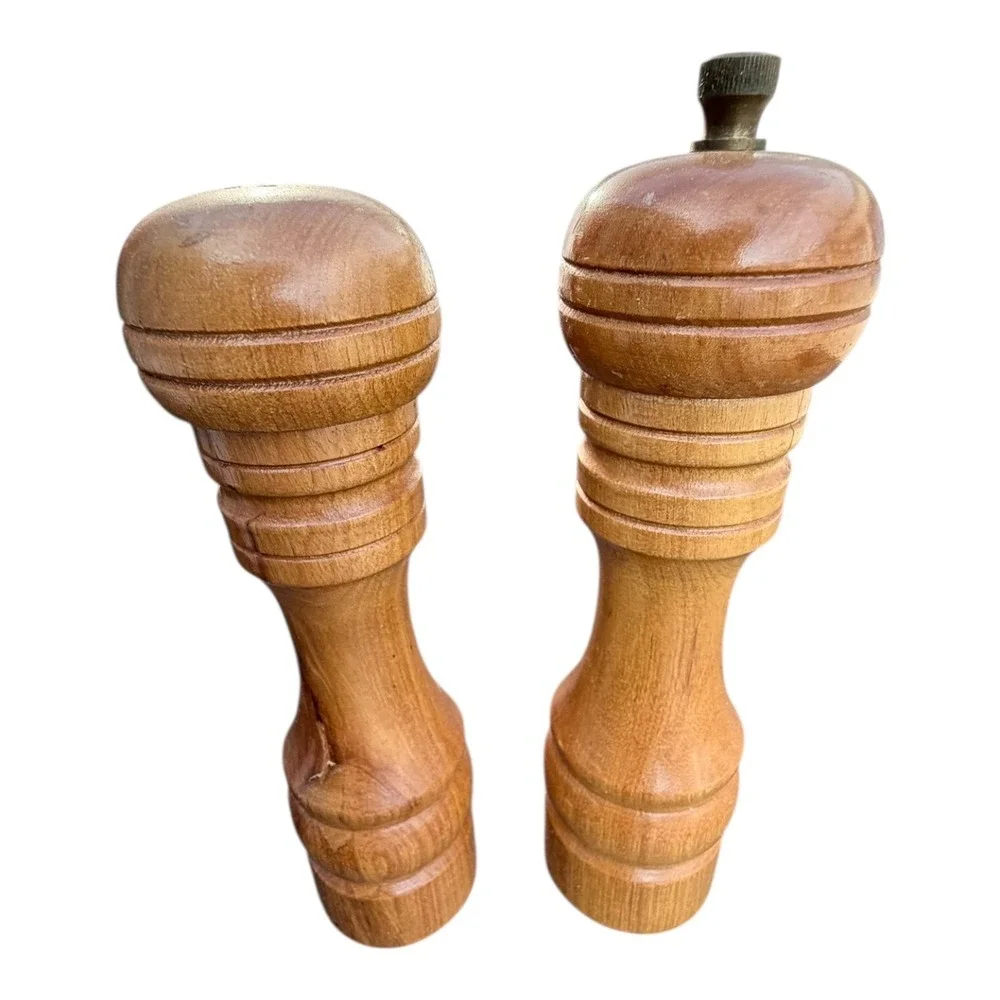 Vintage Wood Salt Shaker and Pepper Mill Set Brown Hand Turned Japan Kitchenware